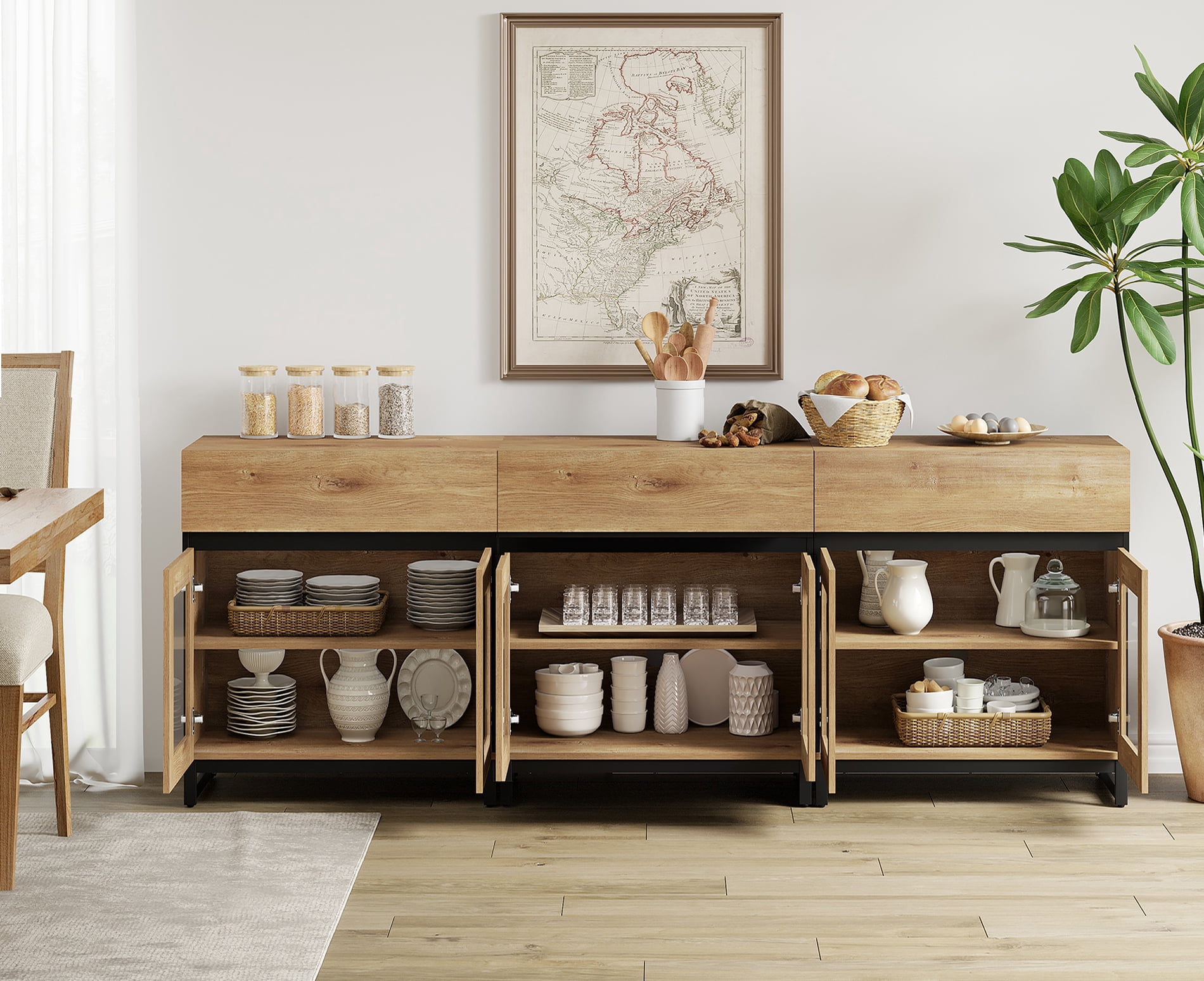 WAMPAT 94.5" Multifunctional Modern Sideboard Buffet Cabinet with 6 Glass Doors & 3 Drawers, Credenza & Coffee Bar Storage Cabinet for Living Room & Kitchen