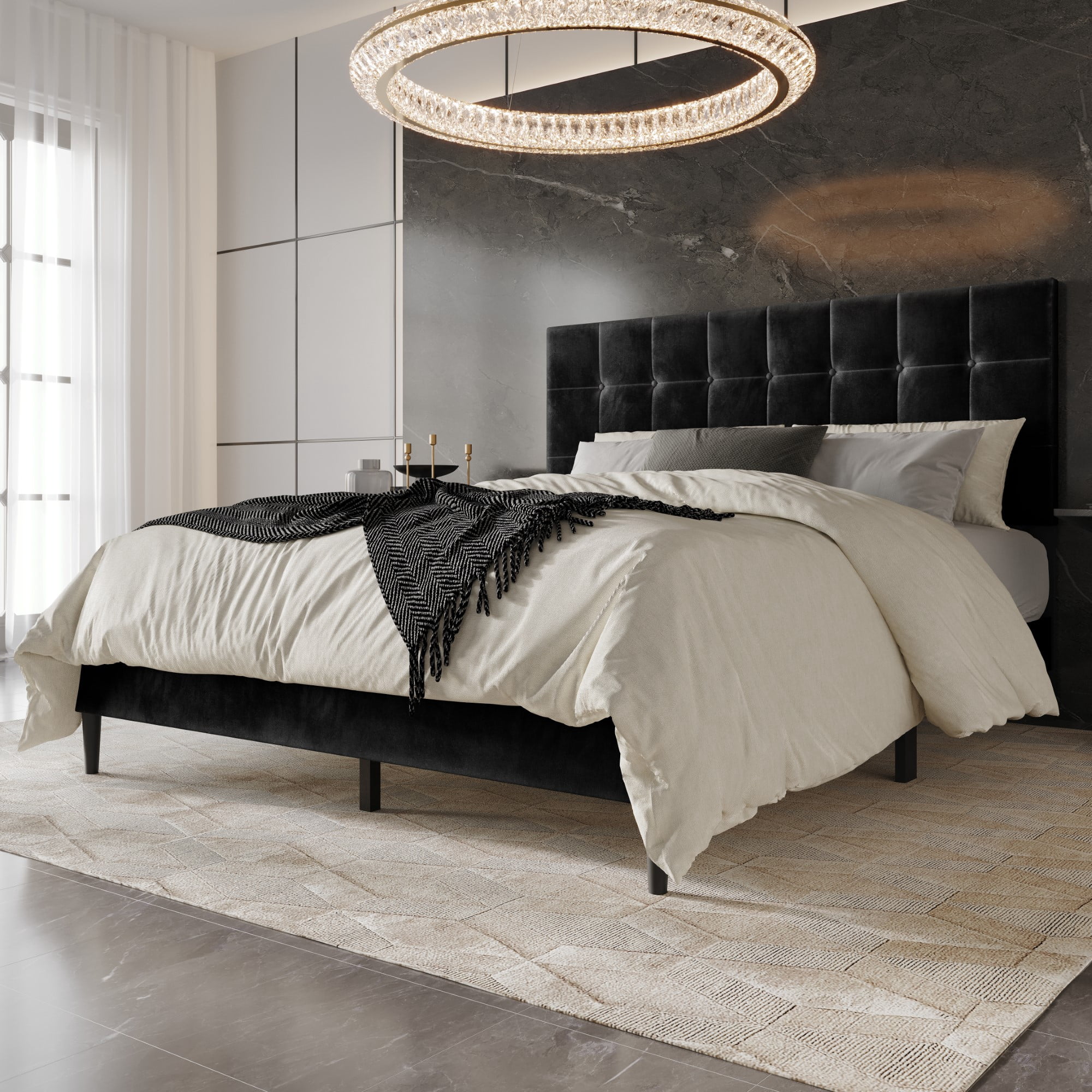 Home Design Marion Twin Tufted Upholstered Platform Bed Frame with Tufted Headboard and Plush Padding, Black, Easy Assembly