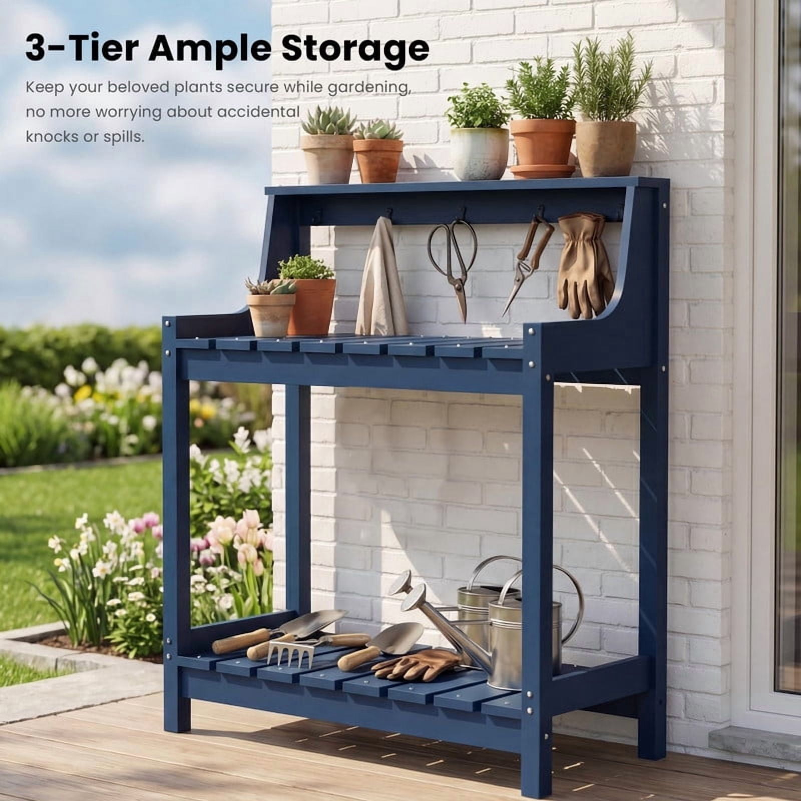 Howcool HDPE Outdoor Potting Bench with Storage & Hooks, 3-Tier Heavy-Duty Garden Workstation Table, All-Weather Potting Table for Patio & Backyard, Blue