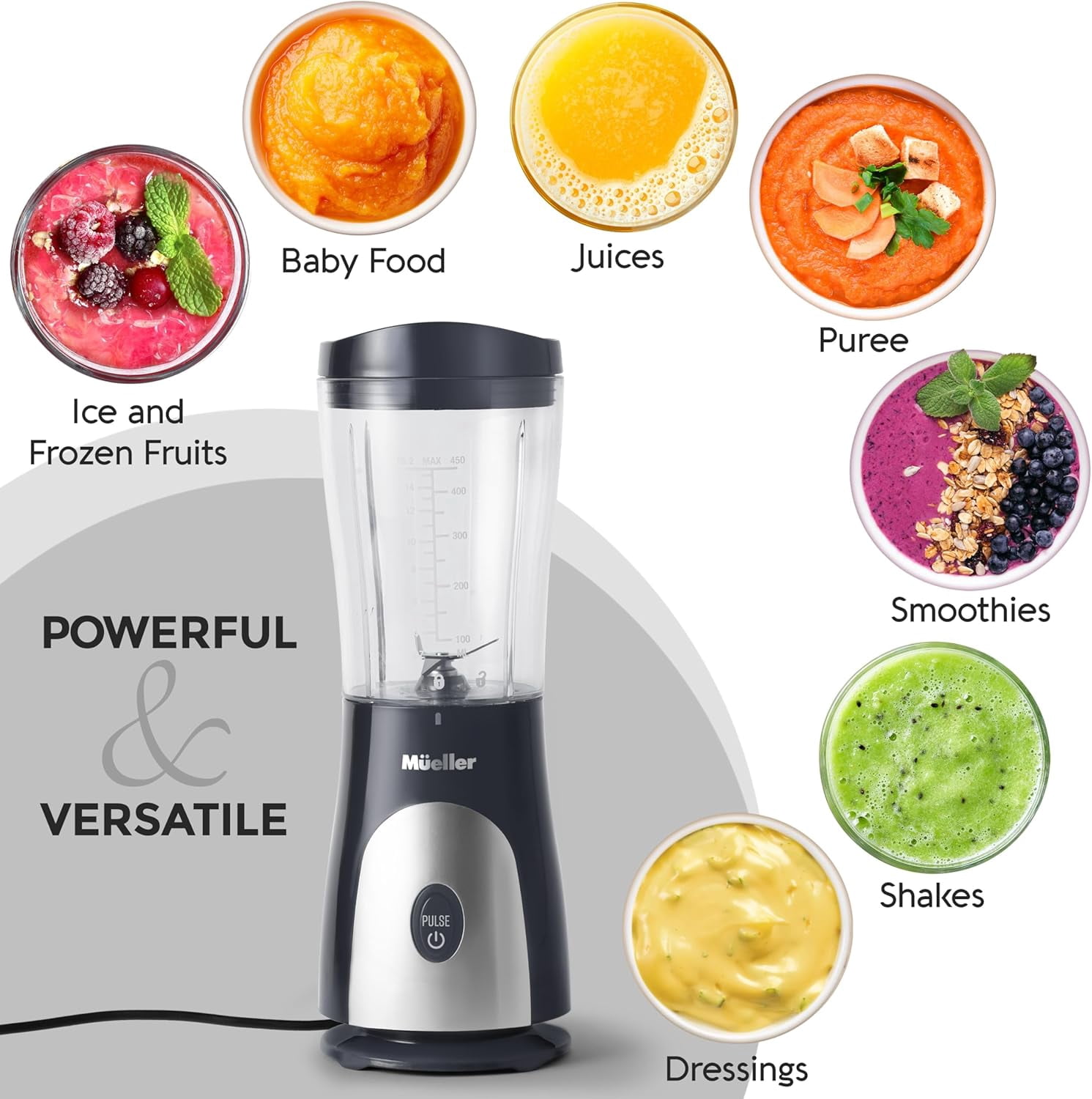 MÜELLERHOME Smoothie Blender for Smoothies-PersonalBlender for Shakes,Frozen Drinks,Baby Food & More,15oz Travel Cup and Lid,Durable Stainless Steel Blades for Powerful Blending Performance,Grey