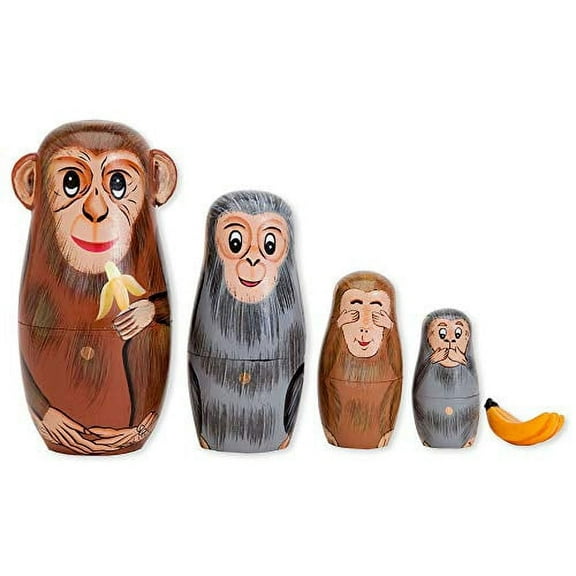 Nesting Monkeys Hand-Painted Wooden Matryoshka Dolls - Set of 5, 6" Tall