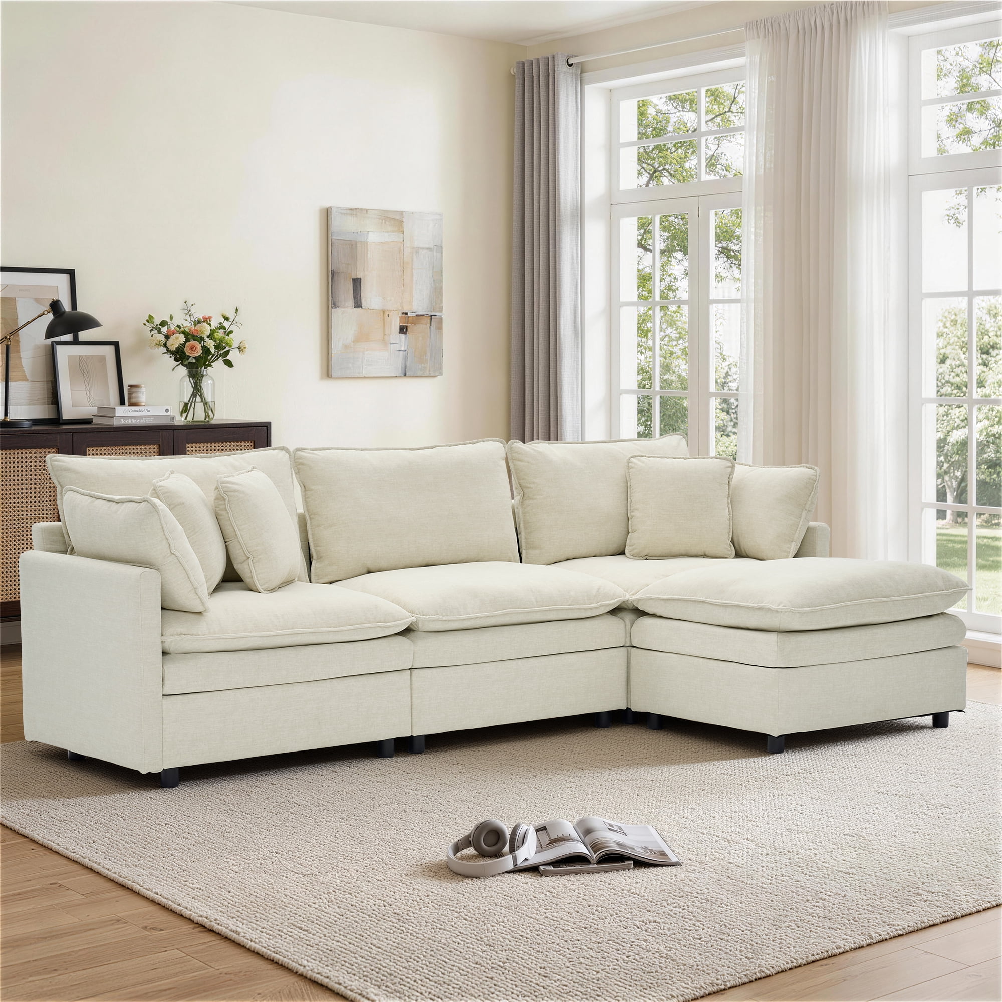 Korser Modular Sectional Cloud Couch with Movable Ottoman,3-Seat Modern Sofa with Pillows,Deep Seat L-Shaped Couch for Living Room,Bedroom,Assembly Required,Beige