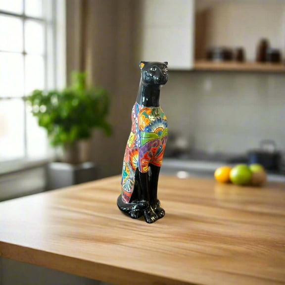 Handmade Talavera Panther Statue | Vibrant Mexican Folk Art