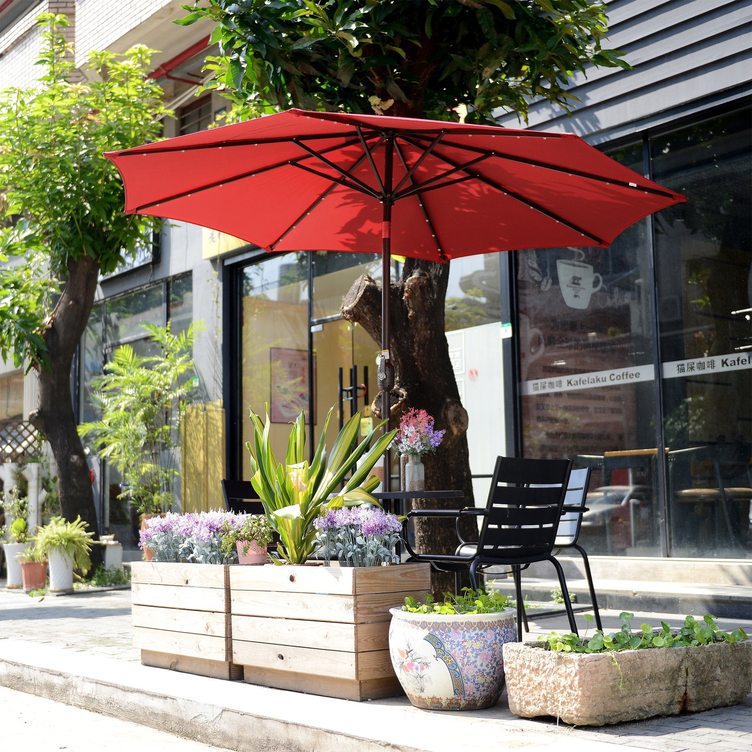 Villacera 9FT Outdoor Patio Umbrella with Solar Lights and Tilt, Red