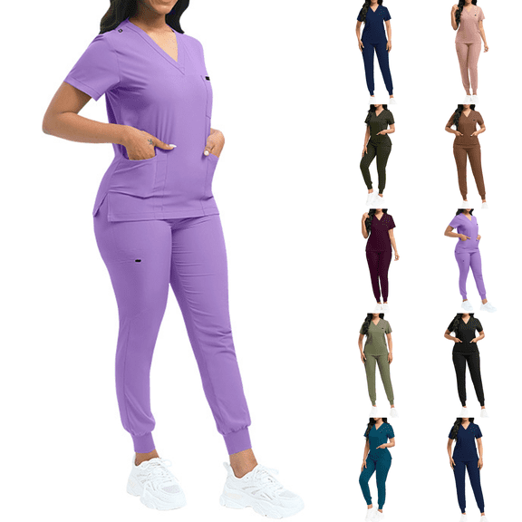 Scrub Sets for Woman 2026 Essential Jogger Scrub Set Nursing Uniform Stretch V-Neck Top & Drawstring Cargo Pants Light Purple 2XL