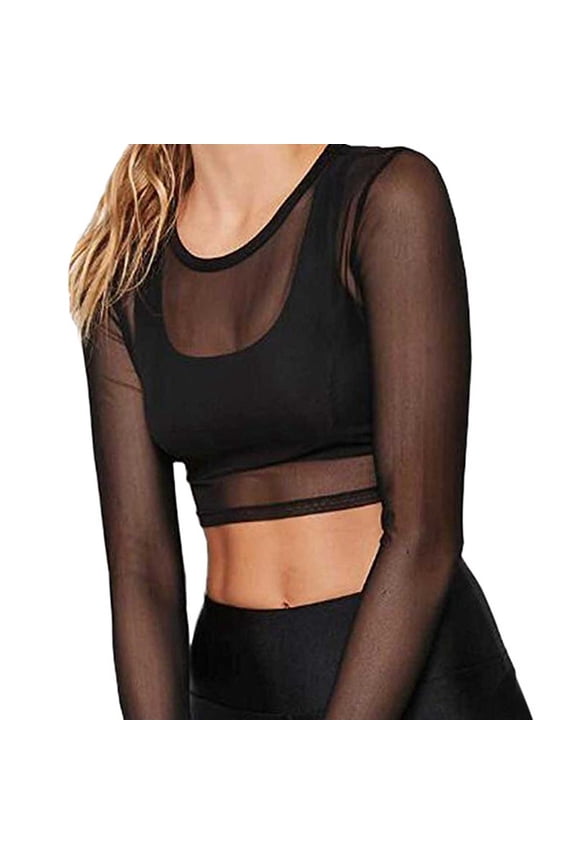 Sheer Long Sleeve Mesh Tops for Women Cropped Crew Neck Lightweight Soft Workout Shirts