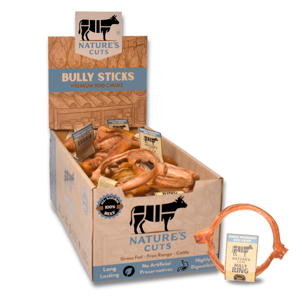 4" Bully Rings Display Box (25 ct) with Individual UPC Tags - 100% All Natural Beef Bully Sticks