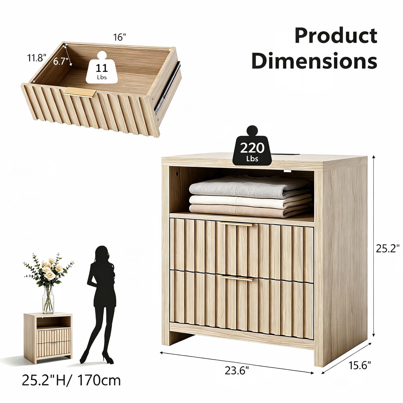 Astoutdoor 2-Drawer 1-Shelf Bedside Table, Light Gray Wood, 23.6 x 15.6 x 25.2 in