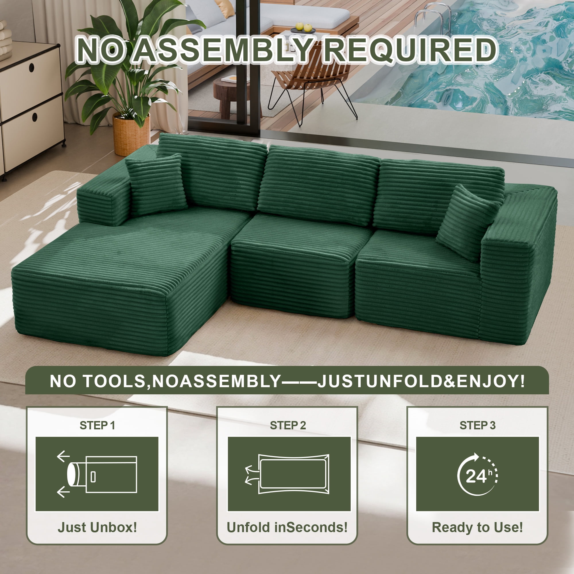 MAYEERTY Modern Corduroy Modular Sofa, Sectional Boneless Couches for Home, 104×67" Green