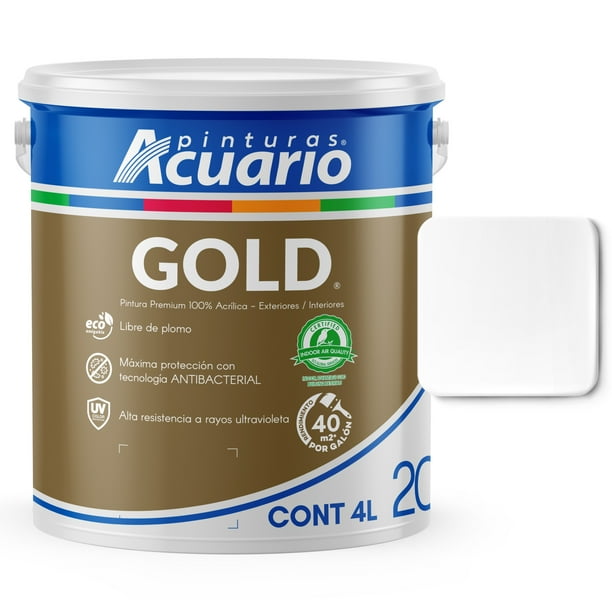 Pintura Premium 100% Acrílica Exteriores Interiores Pinturas Acuario Gold 20 Años 4 Litros Blanco Mate