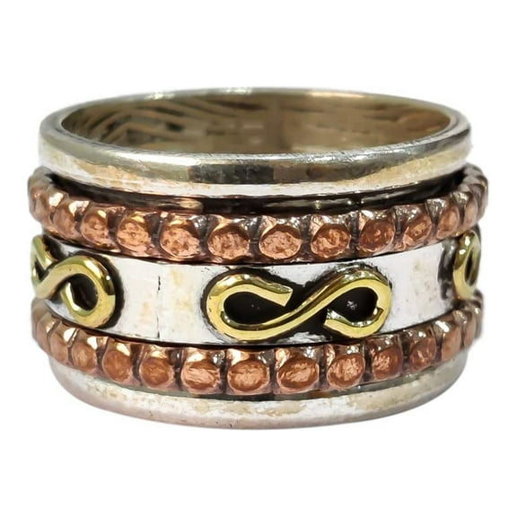 Infinity Spinner Band, Bohemian Ring, Solid 925 Silver Ring, Spinning Thumb Ring, Three Tone Ring, Fidget Ring, Handmade Jewelry, Christmas Oxidized, Brass Copper Band, Anxiety Ring, Mans Band Gifts