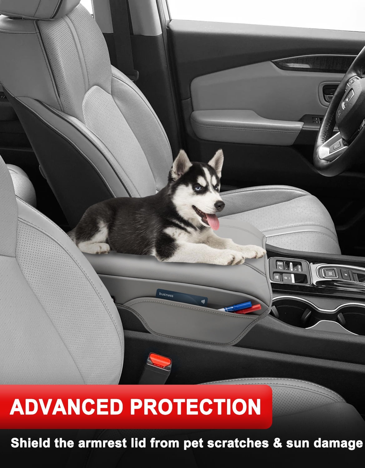 KBH Center Console Cover for 2023-2026 Honda Pilot with Leather Side Pockets, 2024 2025 2026 Honda Ridgeline/Passport Armrest Cover, Middle Console Lid Protector Interior Accessories, Gray