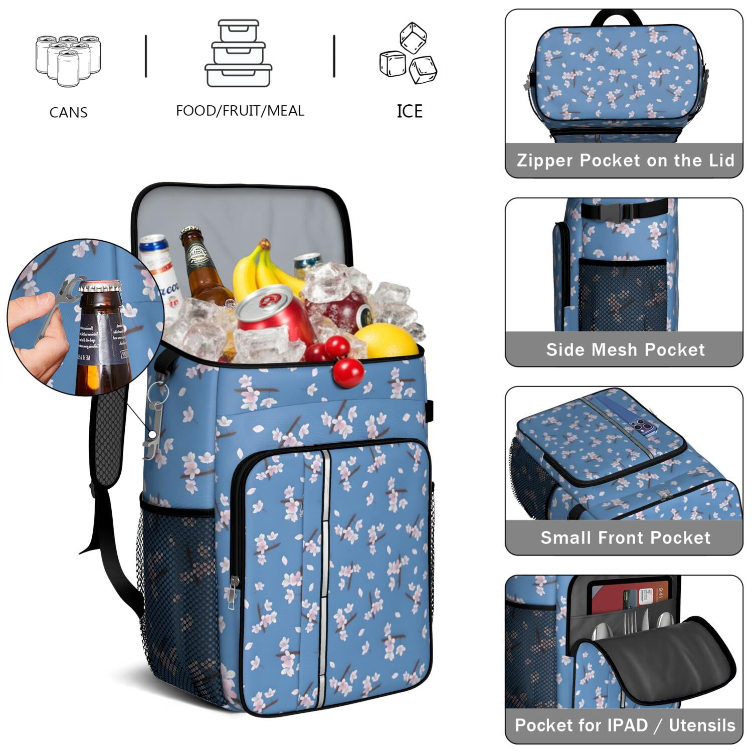 Travel Cooler Bag - Pioneer Flower Floral Print Pattern Camping Beer Cooler Backpack with Bottle Opener- Waterproof Insulated Picnic Backpacks - Cooler Bag for Beach