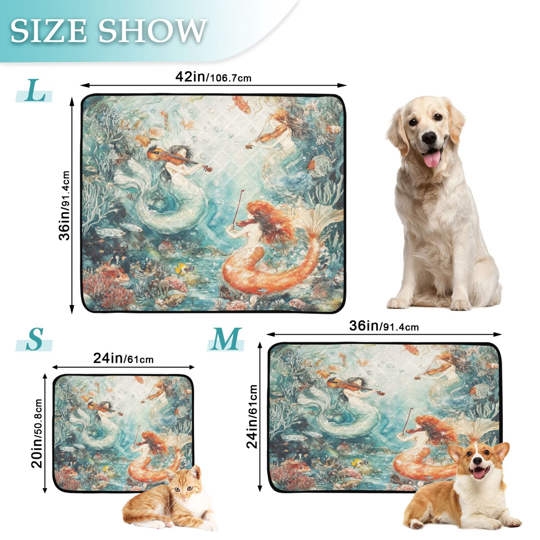 Qxltty Mermaid Plays Music Cat litter Pads Pet Set of 3 Diaper Mats Center Anti-leakage Layer Absorbent Soft and Comfortable