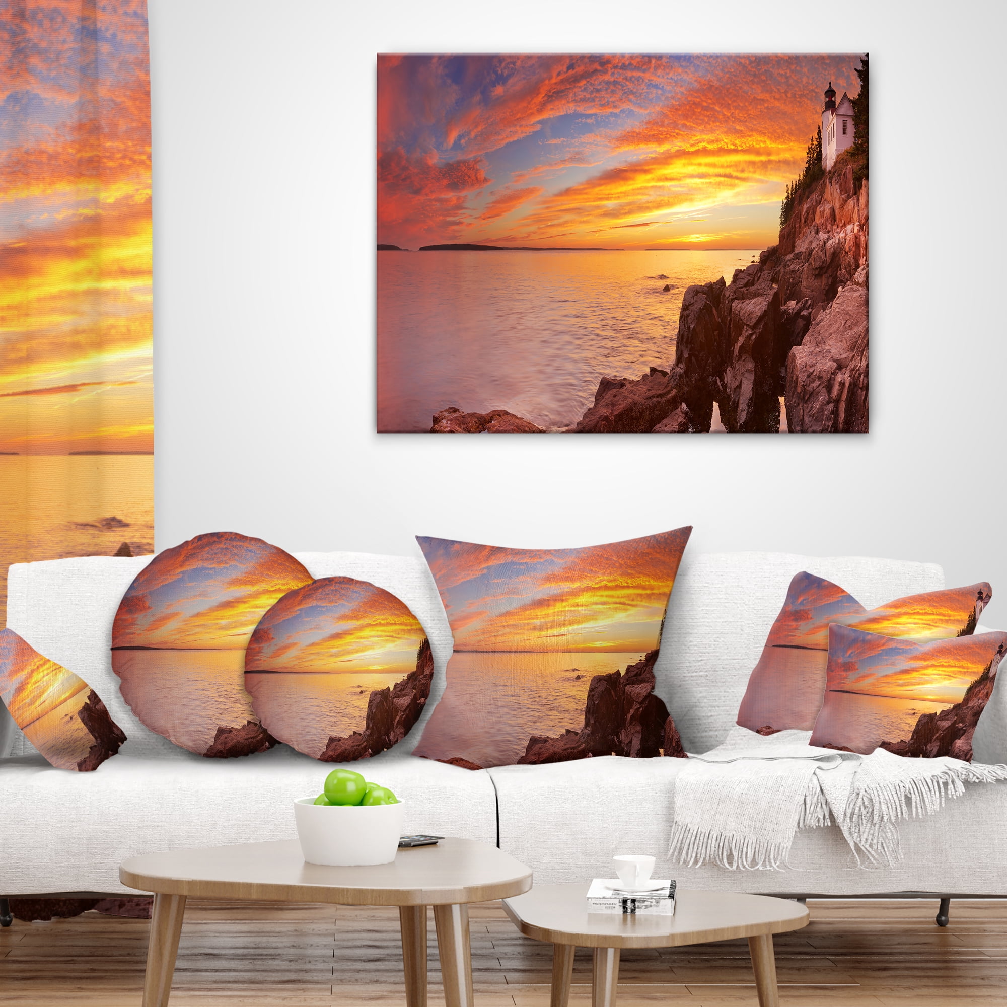 Designart Bass Harbor Head Lighthouse Panorama - Modern Seascape Throw Pillow - 18x18