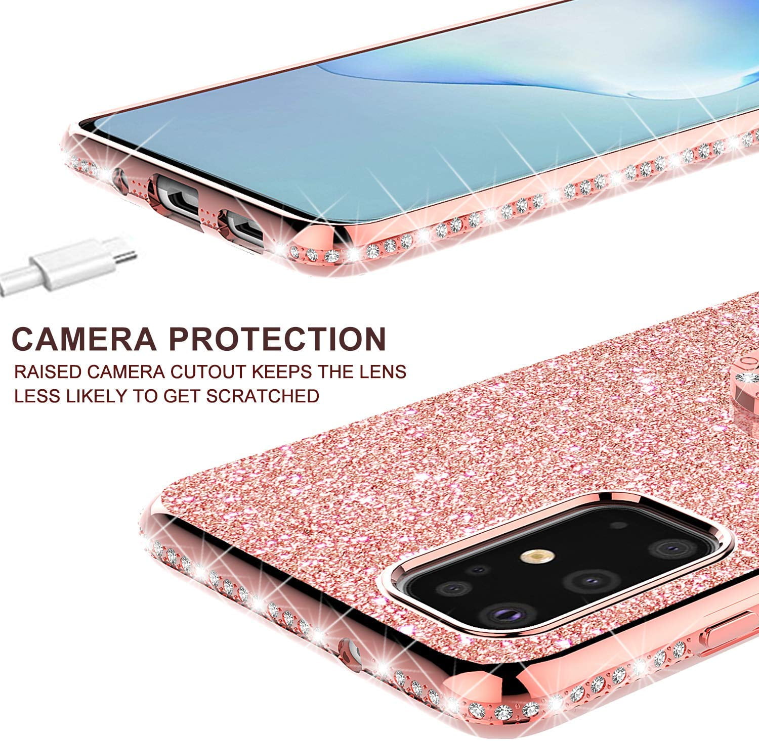 Custodia Glitterata Con Anello Portacorda Per Galaxy S20 Plus - Silicone Morbido Rosa