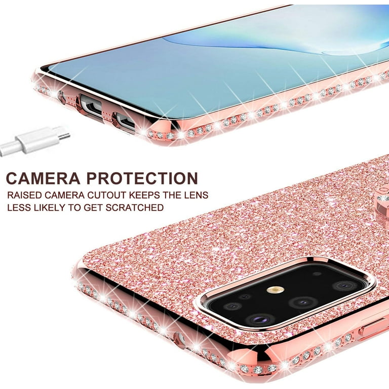 Samsung Galaxy S20 Plus S20 Glitter Phone Case Ring Kickstand Girls Women Diamond Sparkly Case for Cover for Galaxy S20 Plus Rose Gold