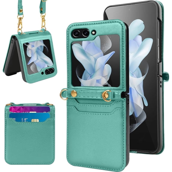 Frusde for Samsung Galaxy Z Flip 5 Wallet Case with Strap Lanyard Leather Crossbody Slim Shockproof Case-Green