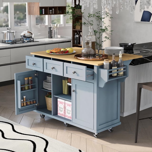 Kitchen Island Cart with Rubber Wood Drop-Leaf Countertop, 5-Wheel Rolling Island with Internal Storage Racks, Cabinet and 3 Drawers for Dining Room Kitchen