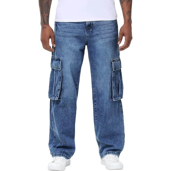DayScoop Summer Jeans for Men Solid Color Denim Trousers Casual Fashion Stretch Zipper Button Multi Pocket Loose Straight Full Length Pants