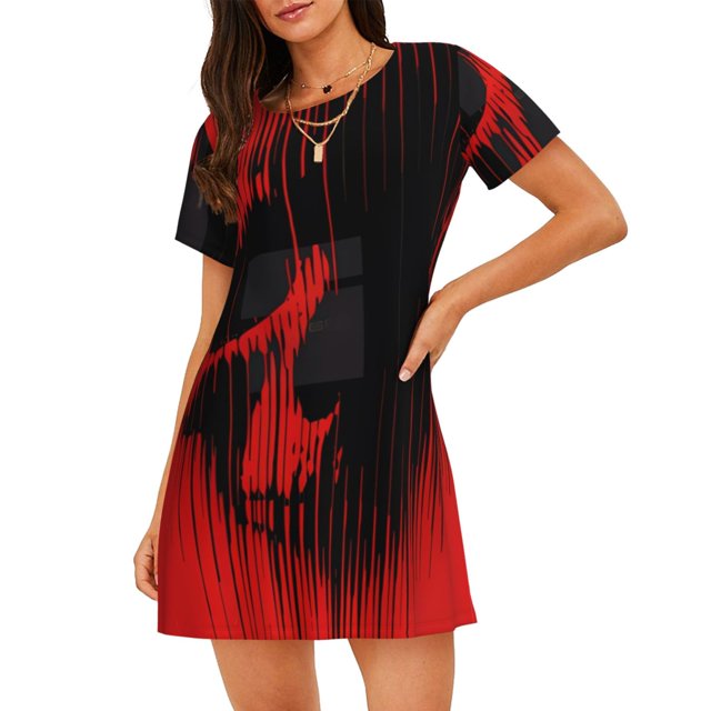 Balery Minimalist Skull Red Camisón de manga corta con cuello redondo para mujer, cómodo y elegante.