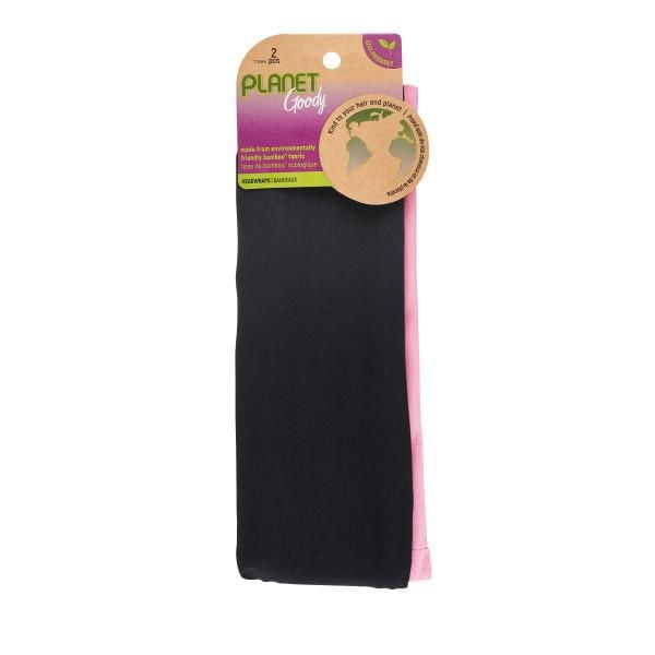 Two eco-friendly neutral headwraps in black and pink by Planet Goody with packaging emphasizing sustainable fabric.