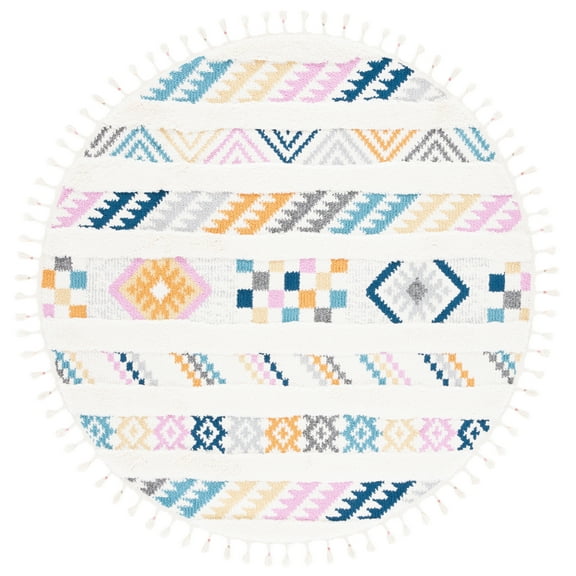 SAFAVIEH Moroccan Fringe Lacklan Southwestern Shag Area Rug, Ivory/Blue, 6'7" x 6'7" Round