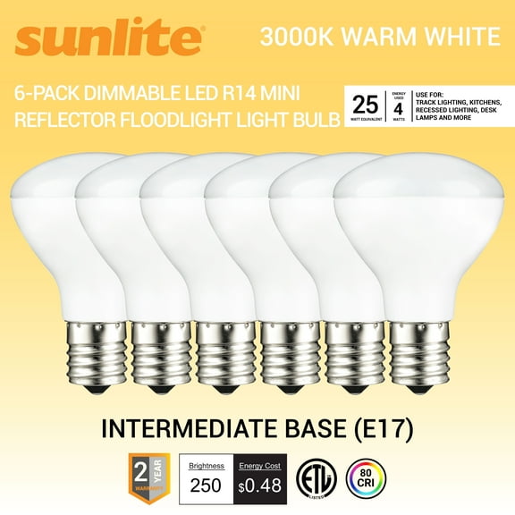 Sunlite LED R14 Mini Reflector Floodlight Light Bulb, 4 Watts (25W Equivalent), Intermediate E17 Base, Dimmable, ETL Listed, 3000K Warm White, 6-Pack