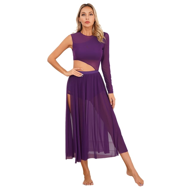 Manyakai Costumes de Danse Lyrique Moderne pour Femmes Robe Maxi Fluide en Tulle Sans Manches Violet TG