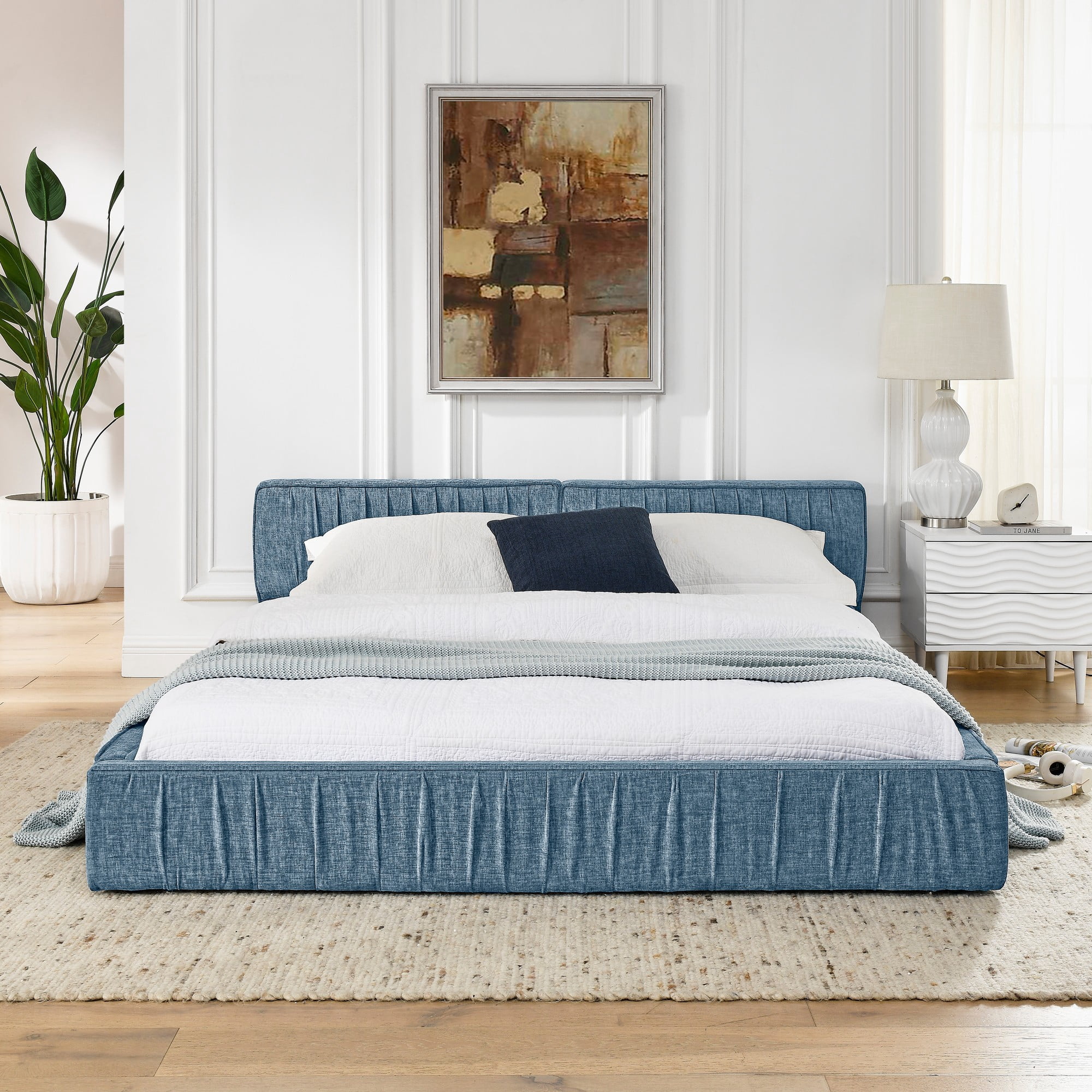 Aukfa Queen Size Upholstered Bed Frame, Low Profile Grounded Bed, Chenille Fabric Pleated Design Platform Bed, Blue
