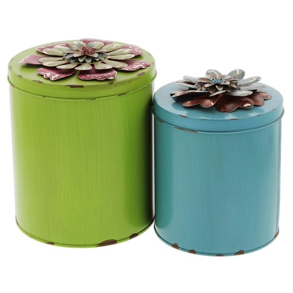 Ohio Wholesale Decorative Metal Canisters in Lime Green & Blue, Set of 2