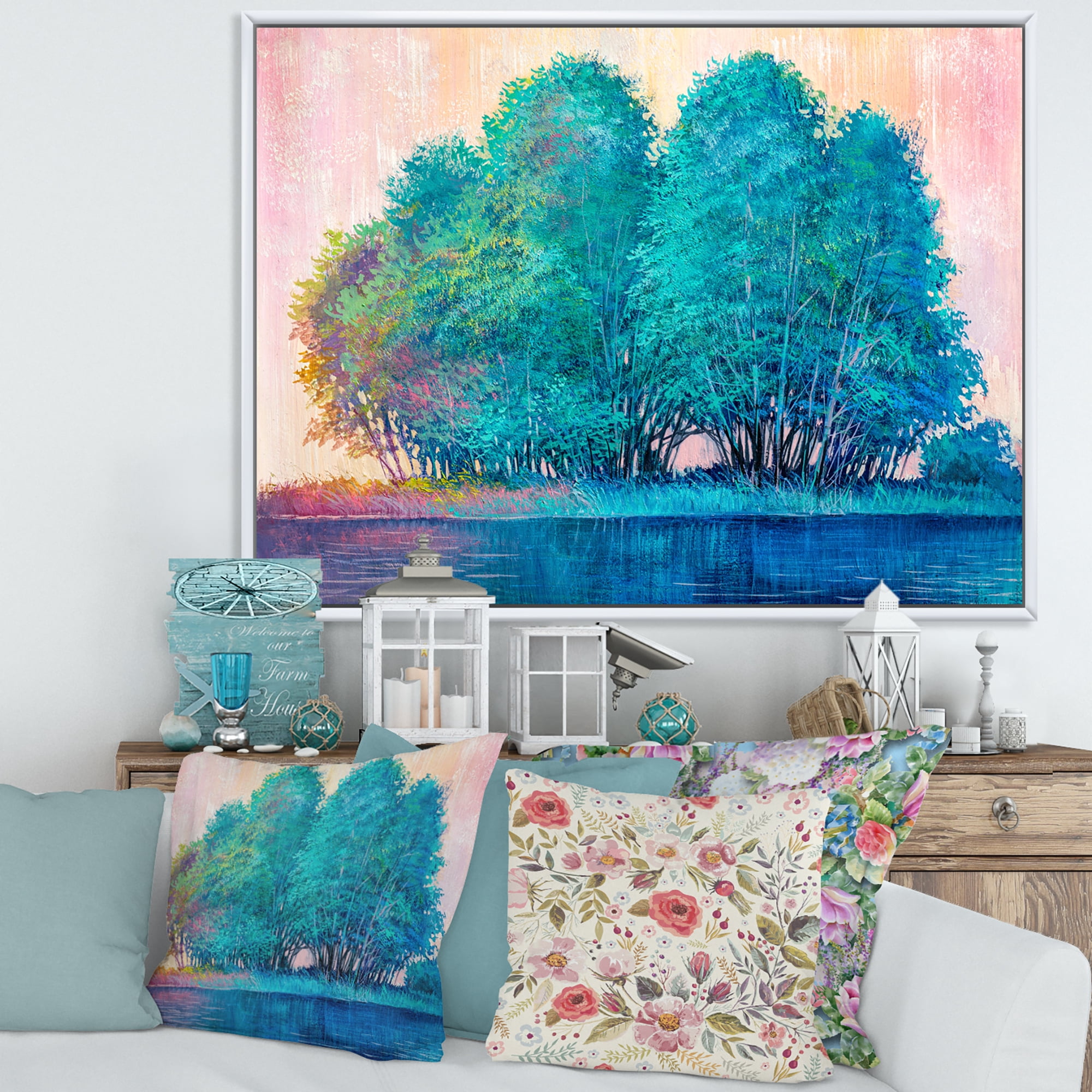 Designart 'Blue Coloured Tree Impression By Lakeside' Lake House Framed Canvas Wall Art Print