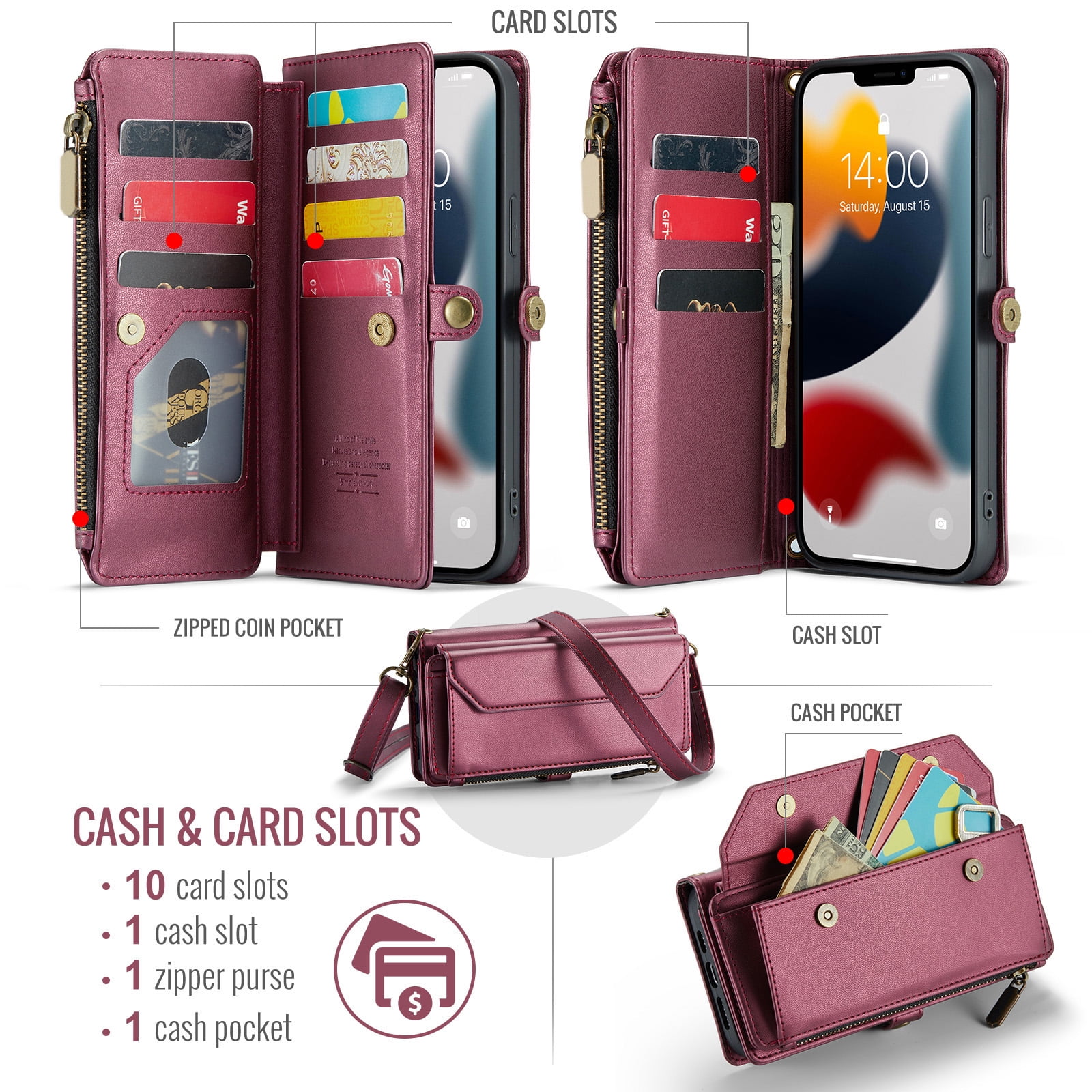 Compatible with iPhone 15 Pro Max 6.7 inch Zipper Wallet Phone Case Tempered Glass Screen Protector Crossbody Lanyard Strap Flip Card Holder Slot Cell Cover for i P15 15Pro i15 ProMax Women Wine Red