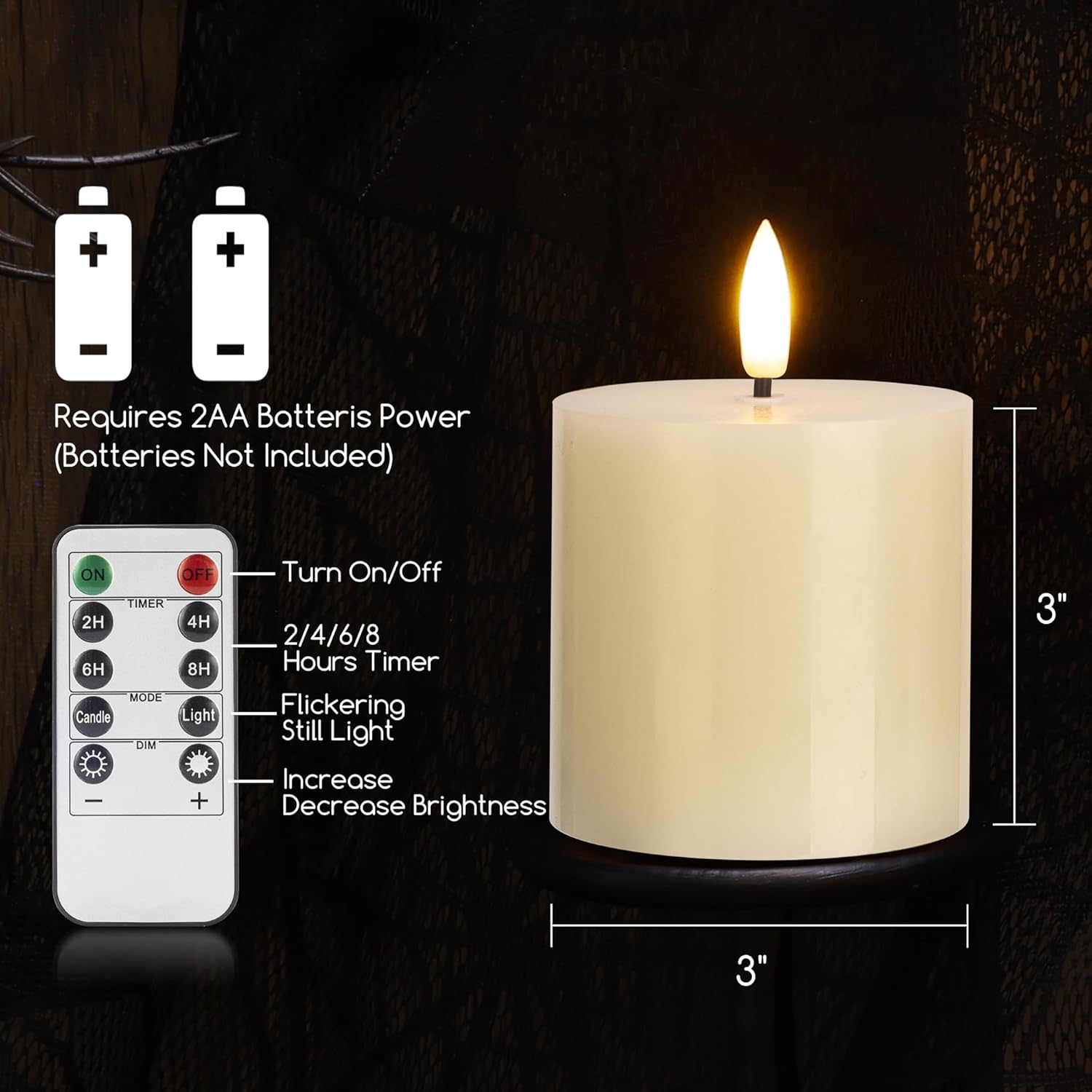 Ivory Flameless Candles Set of 3, 3x3 Real Wax LED Candles with Remote & Timer, Safe Battery Operated Candlelight for Homes with Kids & Pets, Warm Ambient Lighting for Home Decor