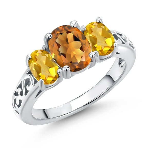 Gem Stone King 925 Sterling Silver Orange Red Madeira Citrine and Yellow Citrine Filigree Style 3 Stone Ring for Women (2.00 Cttw, Oval 8X6MM and 6X4MM, Size 6)