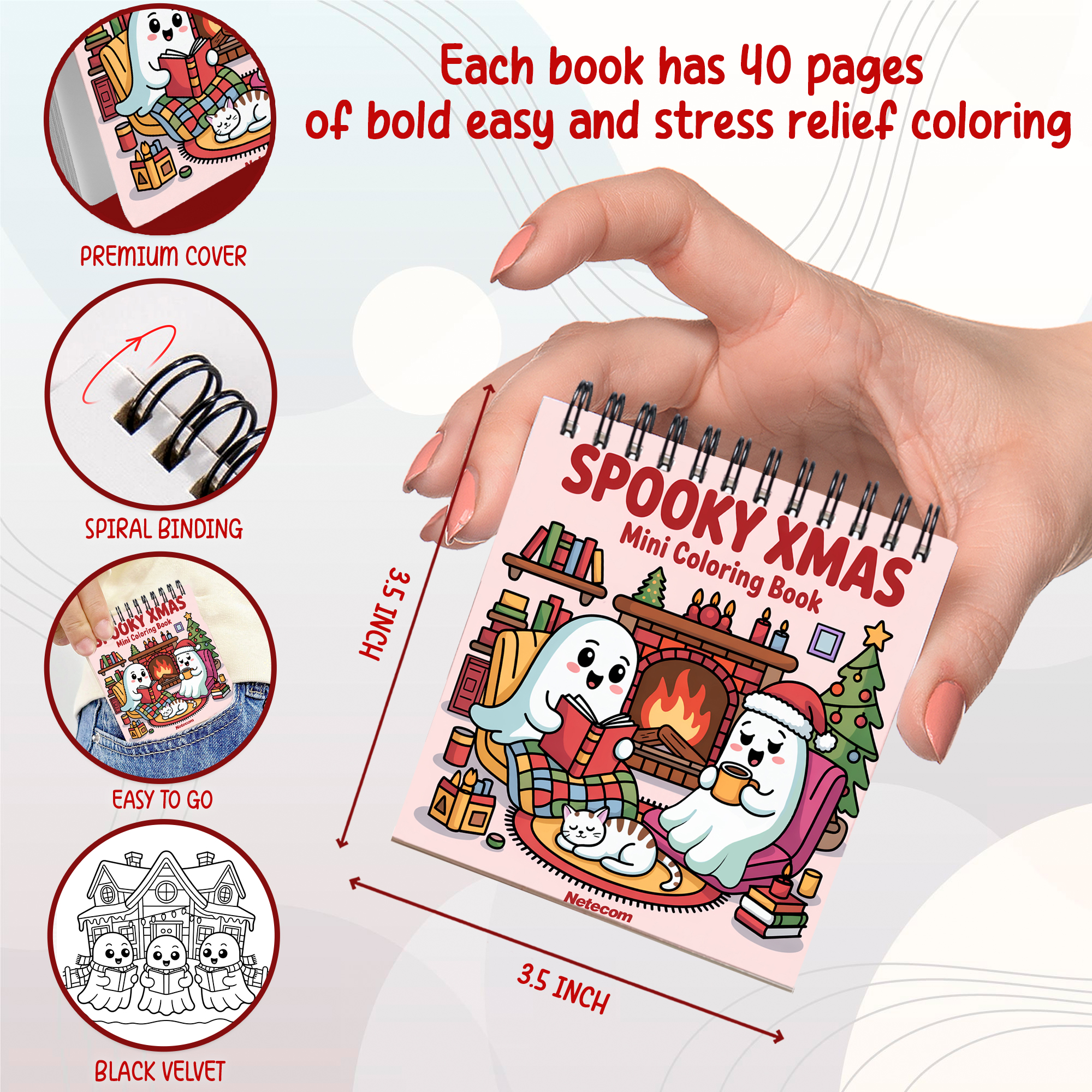 Christmas Mini Coloring Book Spiral Bound for Adult, Pack 6, 3.5” x 3.5” Pocket Size, 40 Coloring Pages Stress & Anxiety Relief, Travel for Women Men