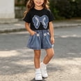 thumbnail image 2 of YHAJDS Girl 2 Piece Summer Outfits Bow Short Sleeve Crewneck Tee Elastic Waist Jeans Shorts Set, 2 of 7