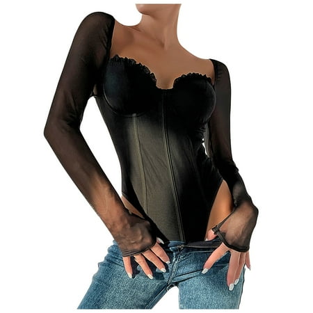 

RPVATI Women s Sexy Lace Bodysuit Long Sleeve Lingerie See Through One Piece Bodysuits