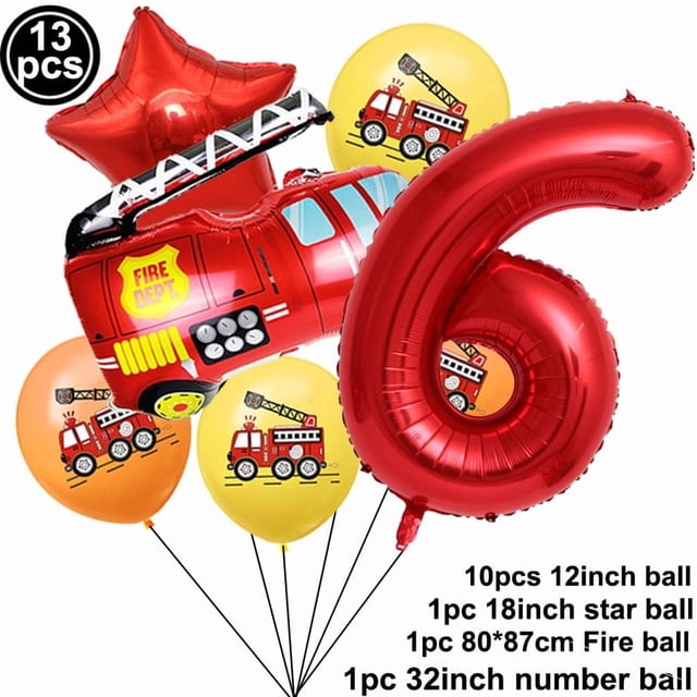 1set Fire Truck Balloons Set Red 32inch Number Balloon Flame Balloons for Baby Shower Firefighter Birthday Party Decoration
