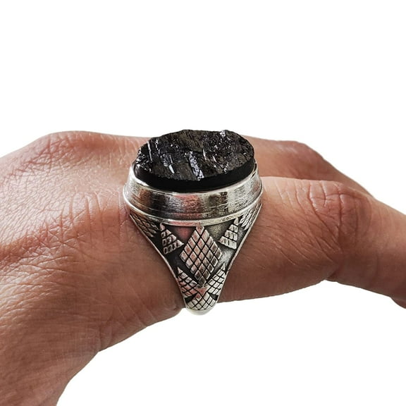 Rough Black Tourmaline Mans Ring, Natural Black Tourmaline, Silver Jewelry, 925 Silver Ring, Birthday Gift, Heavy Mens Ring, Arabic Design, Ottoman Style Ring, Christmas, Turkey Mens Signet Ring