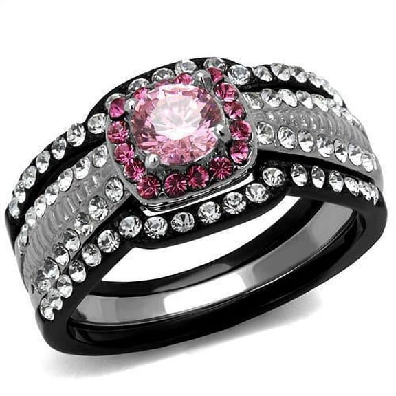 Two-Tone IP Black (Ion Plating) Stainless Steel Ring with AAA Grade CZ in Light Rose for Women Light Rose Stone Color Style TK2651 Size 10