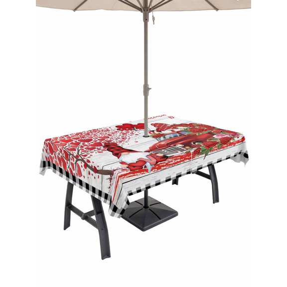 Outdoor Tablecloth with Umbrella Hole and Zipper, Red Valentine's Day Rectangle Table Cloth 52x70 Inch Waterproof Tablecloth, Roses Love Heart Romantic Gnomes Wooden Picnic Table Cover for Patio