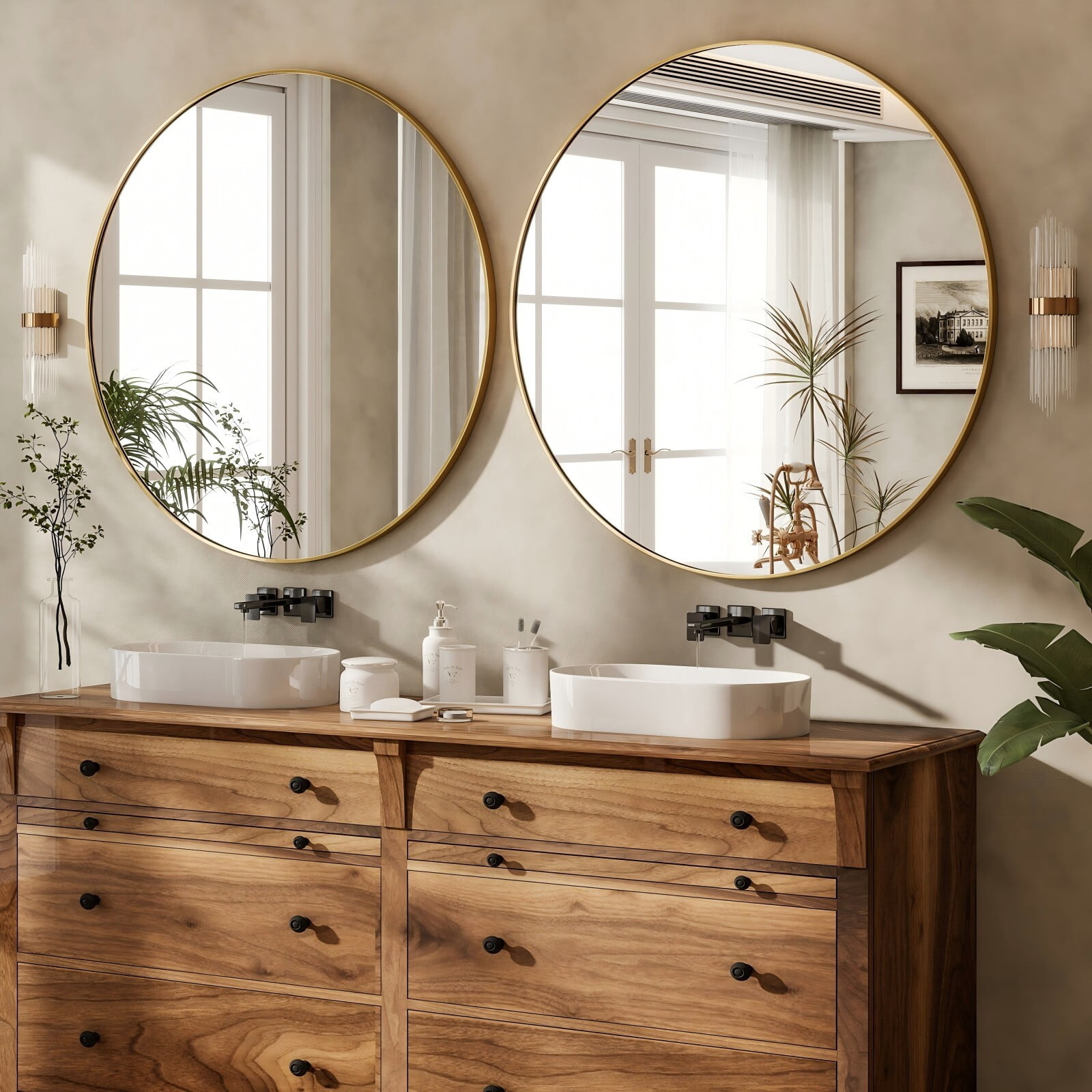 Easy4Home 30 Inch Round Wall Mirror Aluminum Alloy Framed Circle Bathroom Mirror Wall Mounted, Gold