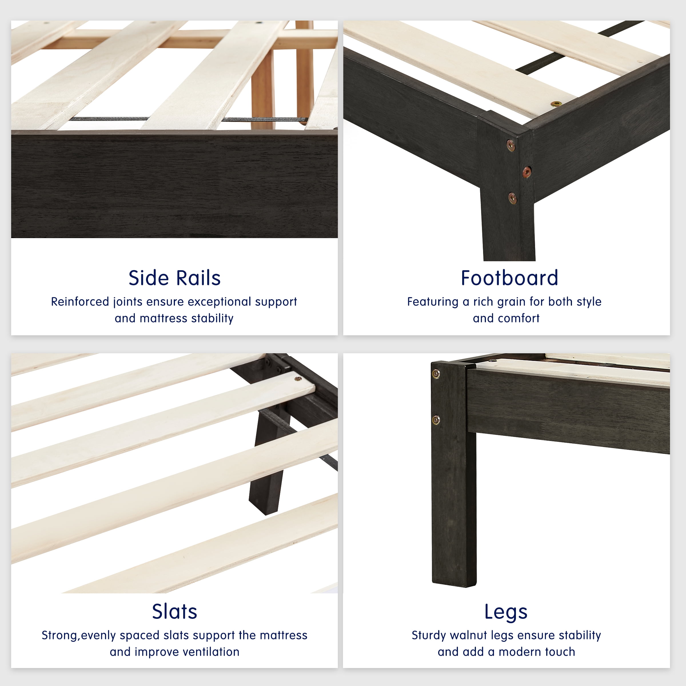 Queen Size Bed Frame, Solid Wood Platform with Wood Slat Support, No Box Spring Needed, Gray