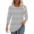 thumbnail image 5 of Womens 3/4 Sleeve Tops Loose Fit Dressy Casual Blouse Striped Print Crew Neck Spring Fall Clothes with Button (XL, White 02), 5 of 6