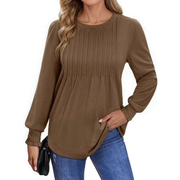OALUXE Pleated Blouses for Women Long Sleeve Shirts Dressy Casual Tunic Tops with Smocked Cuffs