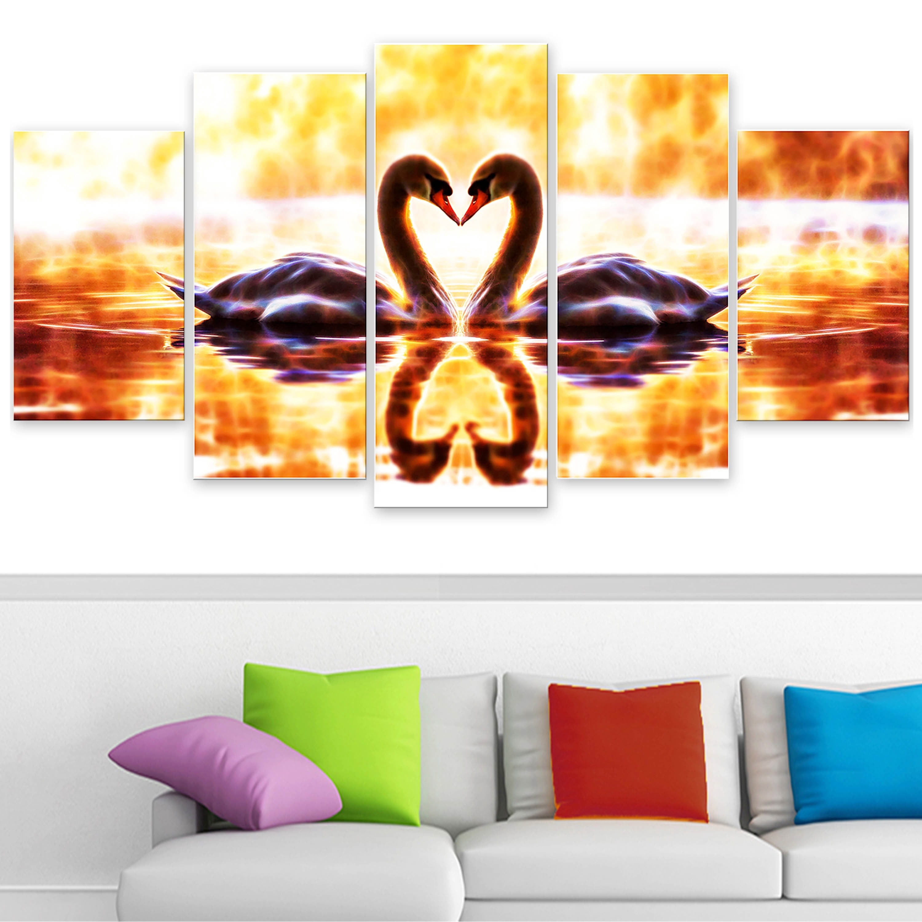Design Art Swooning Swans - Romantic Swan Graphic Art on Wrapped Canvas