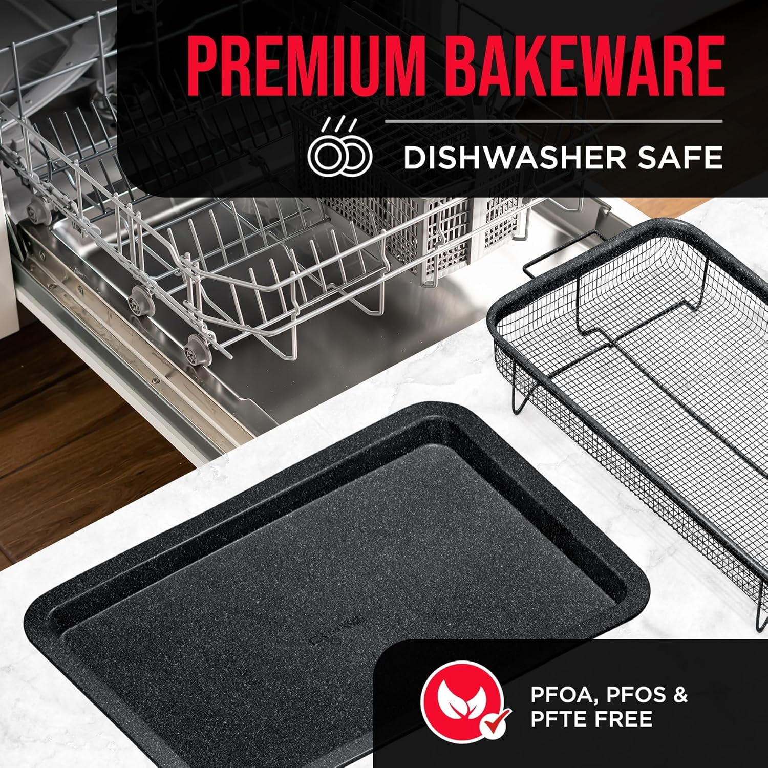 Bakken Swiss Crisper Tray - 2-Piece Set – Gray Marble, Non-Stick Basket Design for Healthier Cooking in Regular Ovens - Achieve Perfectly Crispy Chips, Bacon and More