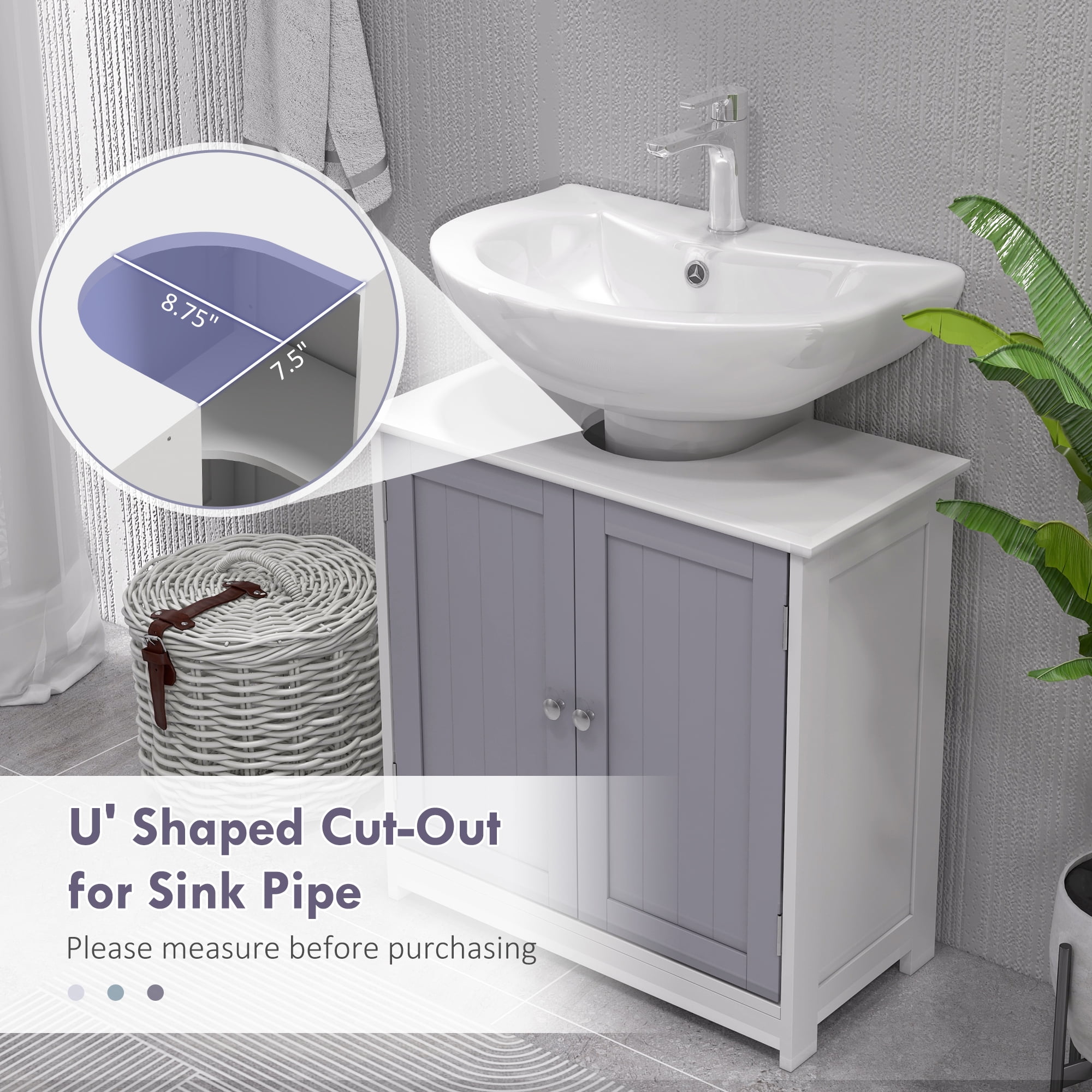 Homiyad Bathroom Vanities, Bathroom Sink Cabinets with U-Shape Cut-Out and Adjustable Internal Shelf, White and Gray