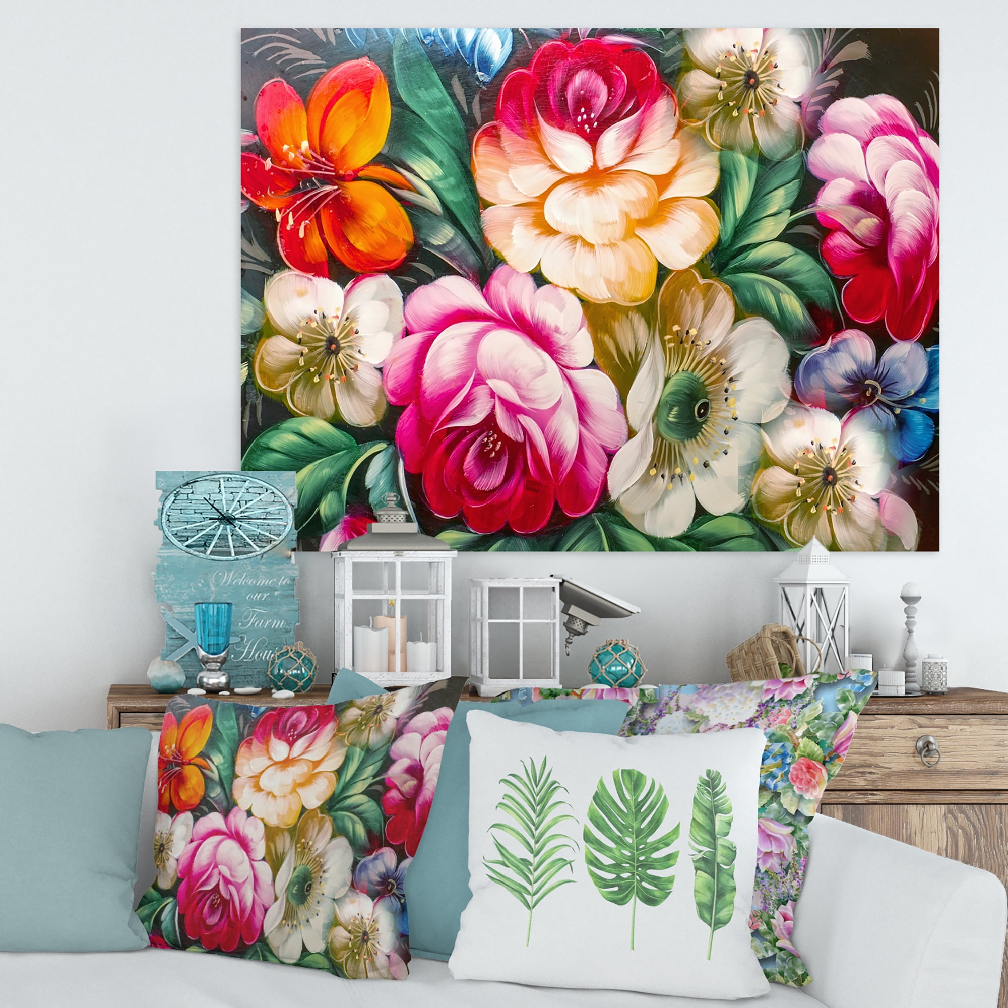 Designart ' Vintage VIbrant Yellow and Red Flower Still Life II ' Traditional Canvas Wall Art Print